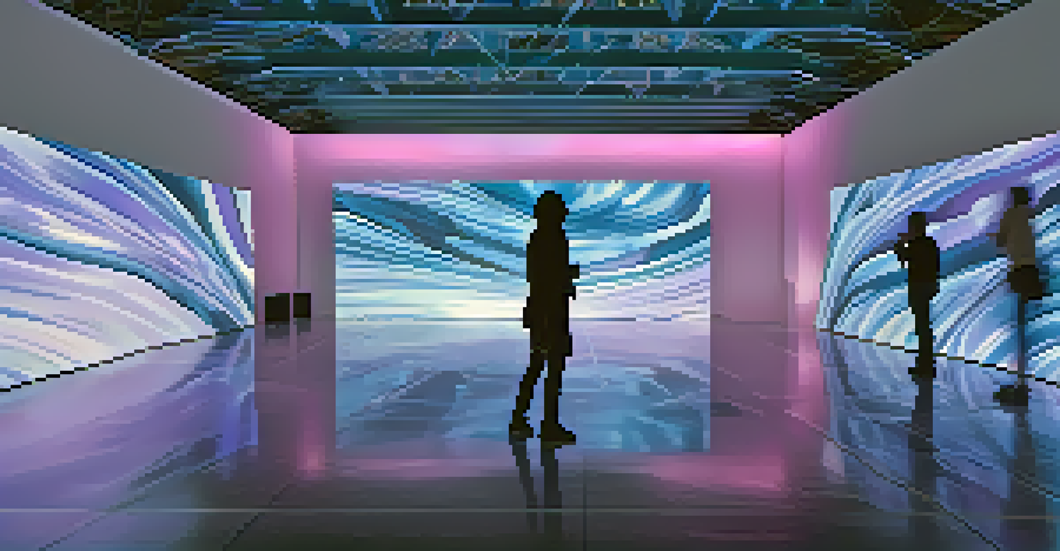 A serene room with abstract visuals projected on the walls and floor, where viewers move and interact with the changing patterns.