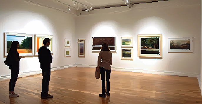 An interior of an art gallery with contemporary paintings, warm wooden floors, and soft lighting, with visitors discussing.