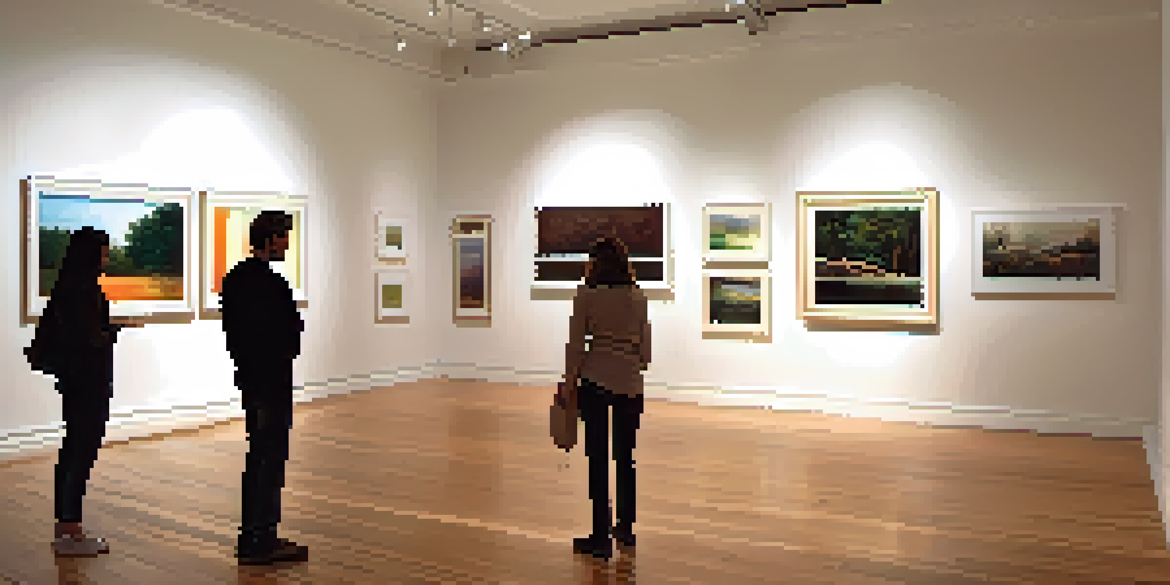An interior of an art gallery with contemporary paintings, warm wooden floors, and soft lighting, with visitors discussing.