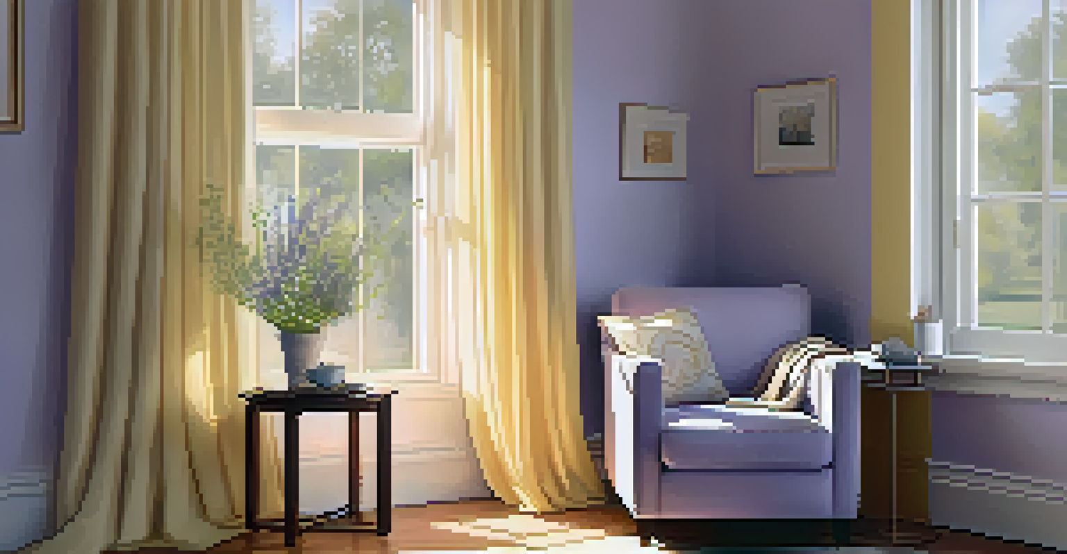 A cozy home corner with a yellow blanket, lavender wall, and a sunlit atmosphere, perfect for relaxation.