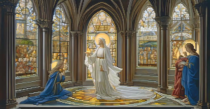 A serene depiction of the Annunciation with angel Gabriel and Mary, showcasing rich Gothic architecture and vibrant stained glass.