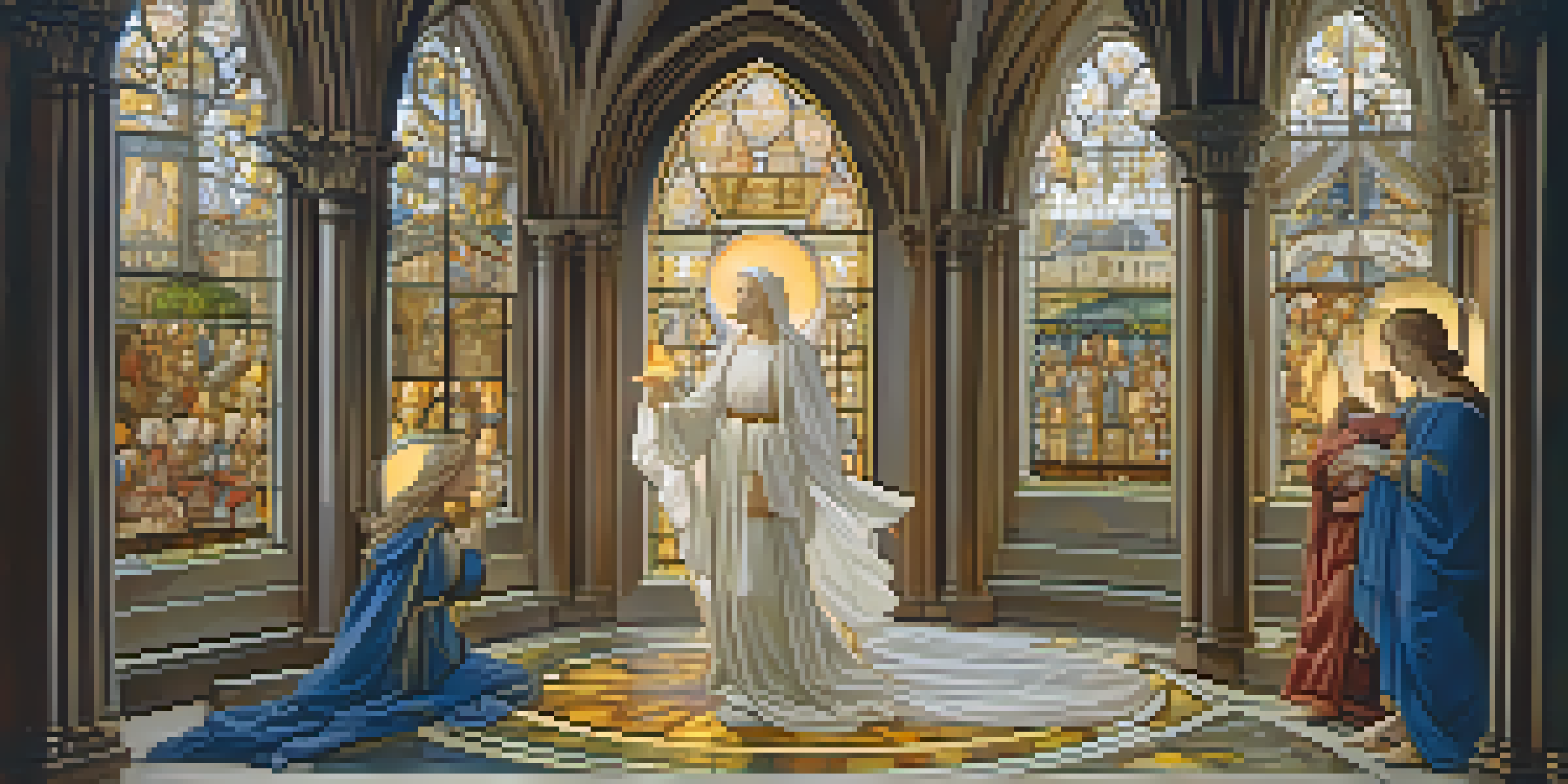 A serene depiction of the Annunciation with angel Gabriel and Mary, showcasing rich Gothic architecture and vibrant stained glass.