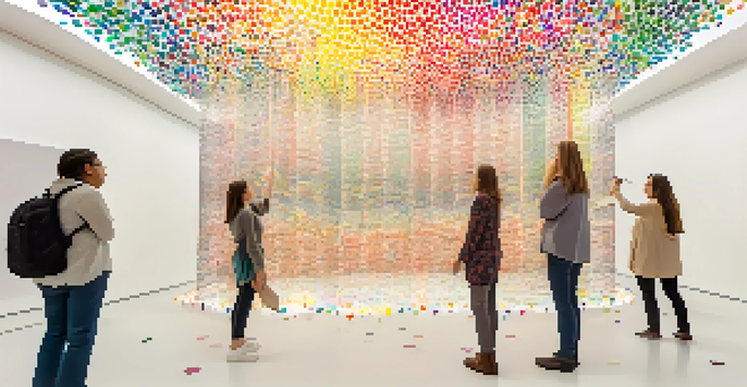 A group of people placing colorful dot stickers on a white room, creating an evolving artwork.