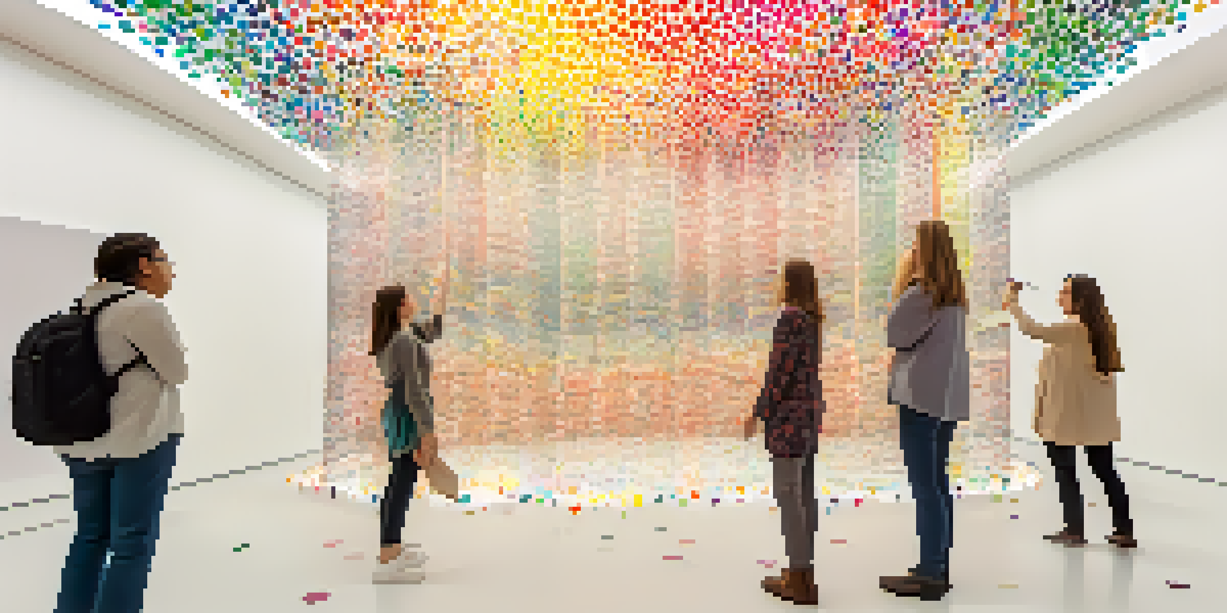 A group of people placing colorful dot stickers on a white room, creating an evolving artwork.
