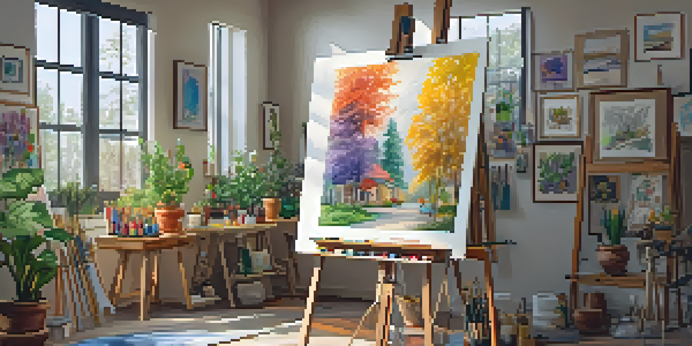 A bright art studio with colorful artworks by women artists, an easel holding an unfinished painting, and art supplies scattered around.