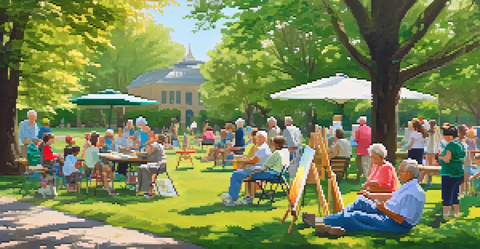 Families of different generations painting together in a sunny park, surrounded by flowers and easels.