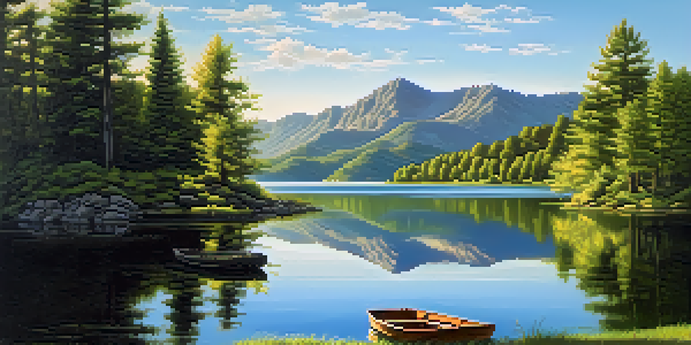 A tranquil lake surrounded by mountains with reflections on the water and a small boat, illuminated by soft sunlight.