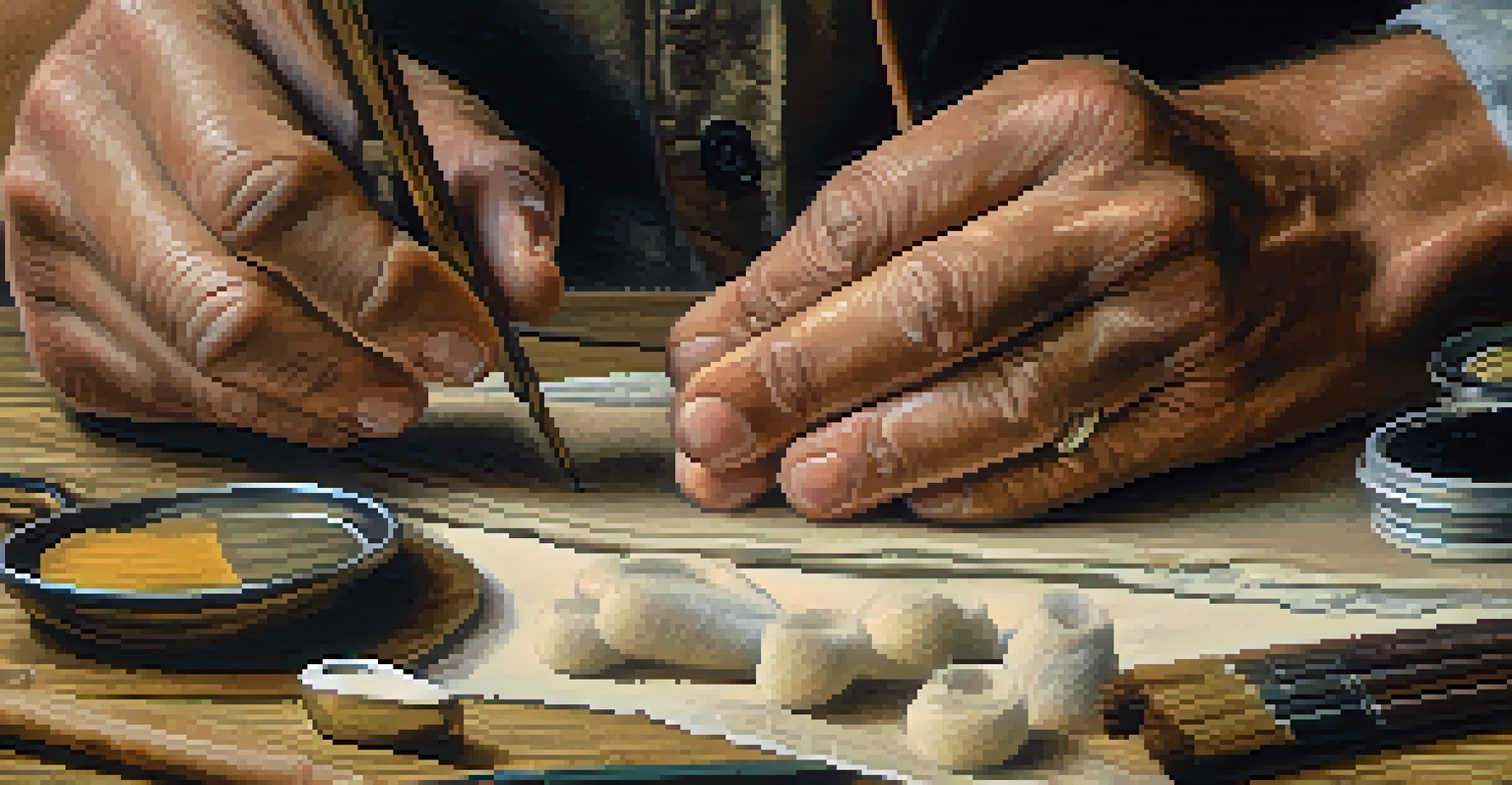 Close-up of an artisan's hands testing various restoration materials, highlighting craftsmanship and detail.