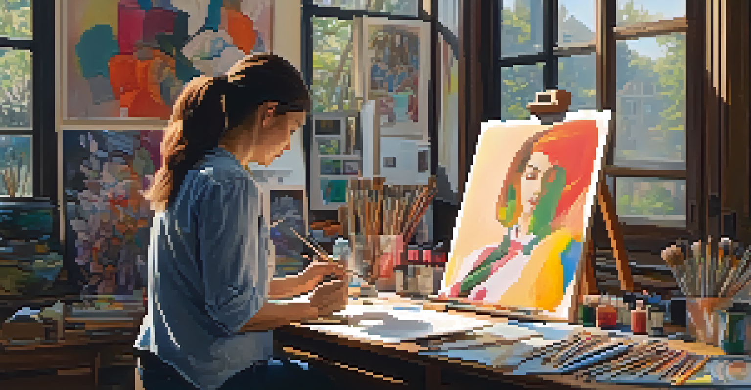 An artist in her studio painting a self-portrait, surrounded by artworks that reflect themes of identity and culture.