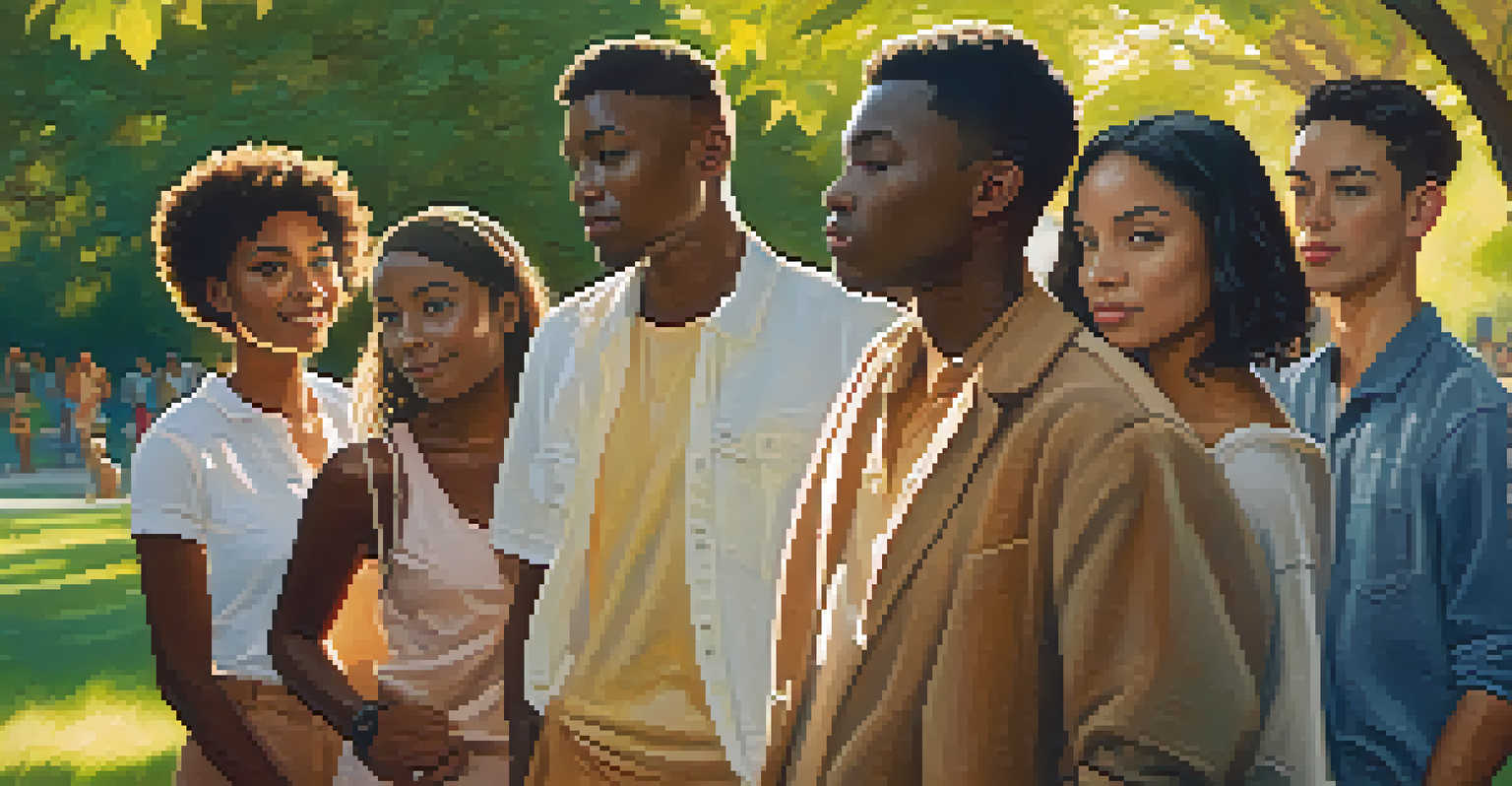 A diverse group of individuals enjoying golden hour sunlight in a park, highlighting their varied skin tones.