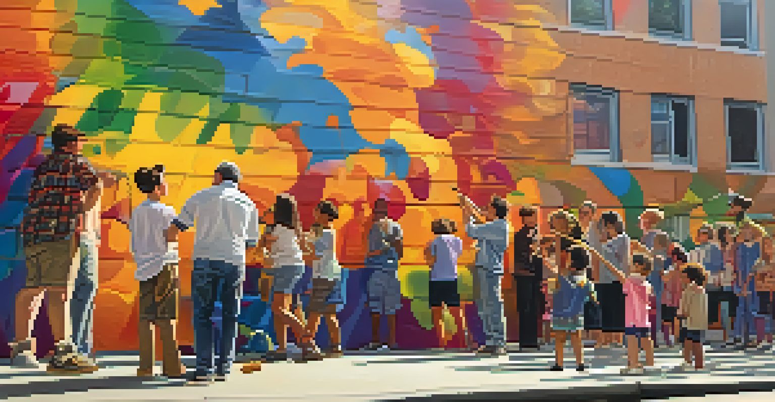 An artist painting a mural watched by a diverse crowd, with vibrant colors and a sunset backdrop.