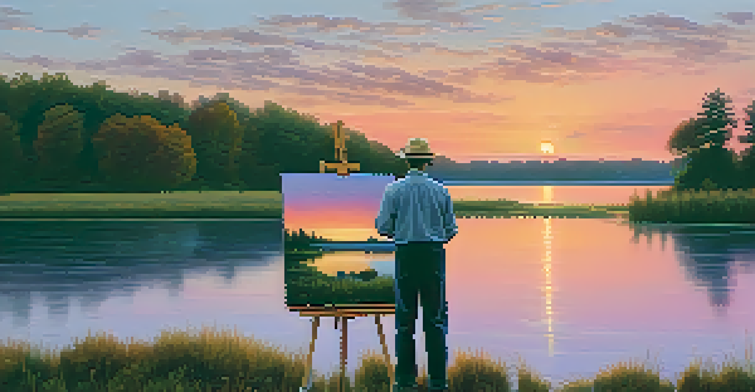 An artist painting a sunset landscape by a lake, with vibrant colors reflecting on the water.