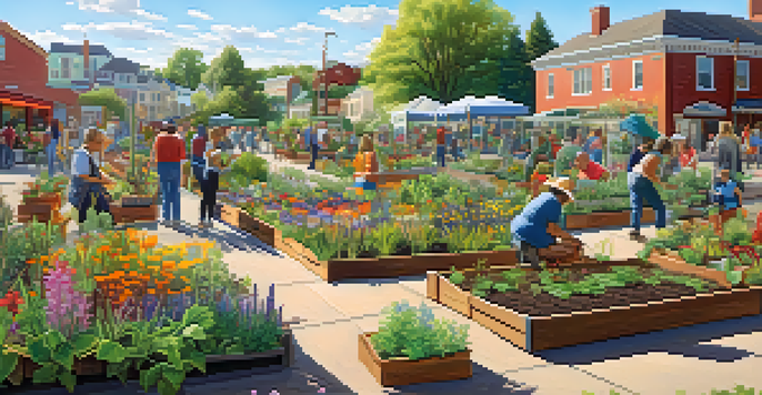 A lively community garden with people planting and caring for various plants, surrounded by colorful murals.