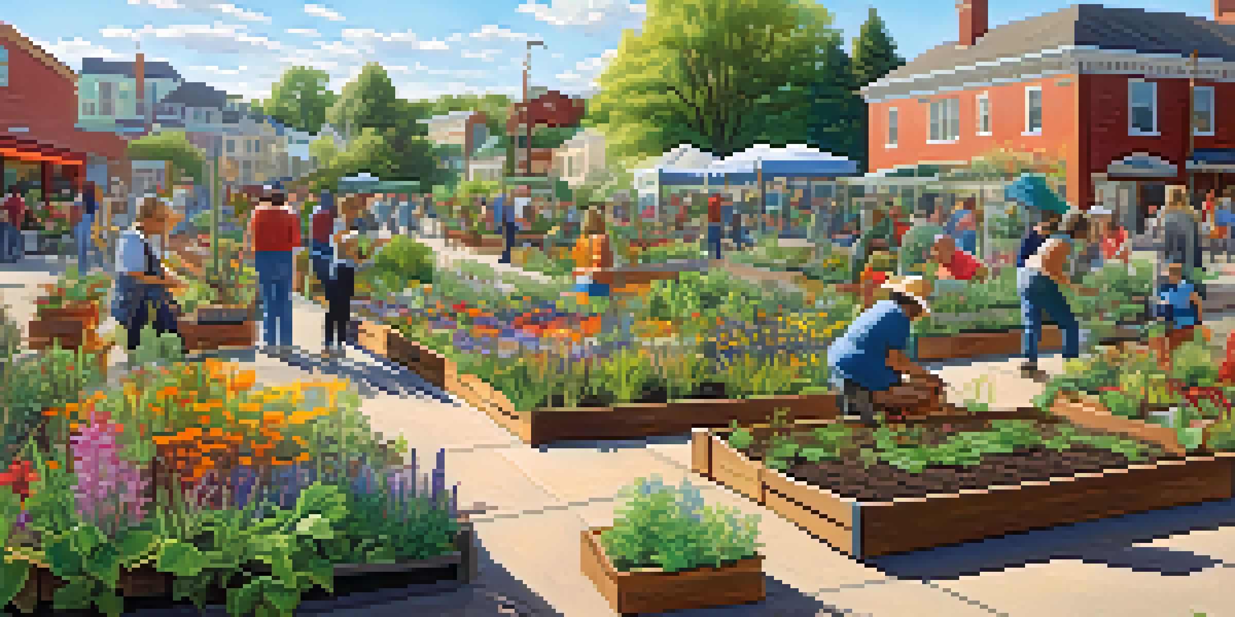 A lively community garden with people planting and caring for various plants, surrounded by colorful murals.
