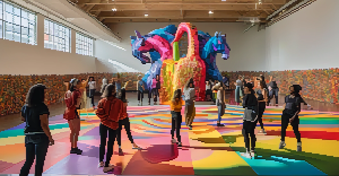 A colorful sculpture made from recycled materials surrounded by dancers, with a mural in the background highlighting social justice themes.