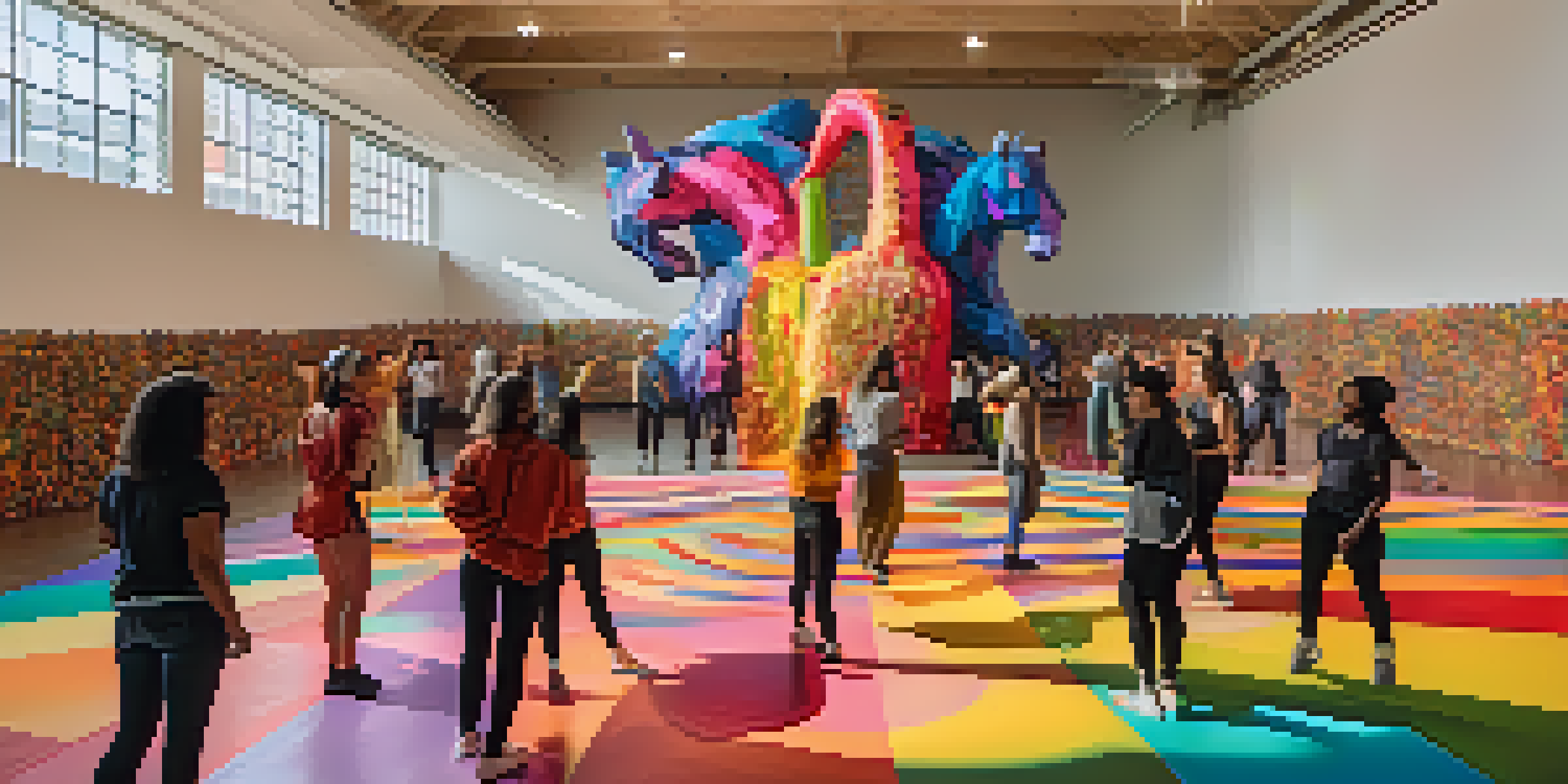 A colorful sculpture made from recycled materials surrounded by dancers, with a mural in the background highlighting social justice themes.