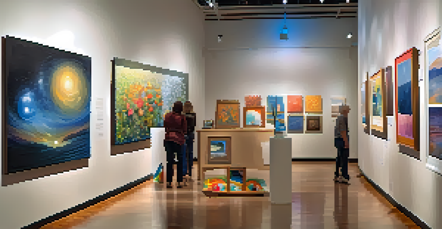 An art exhibition showcasing vibrant paintings by artists with disabilities, with visitors admiring the artwork.