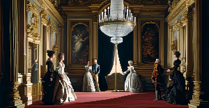 A group of figures in a richly decorated room, dramatically lit to emphasize their emotional expressions and surroundings.