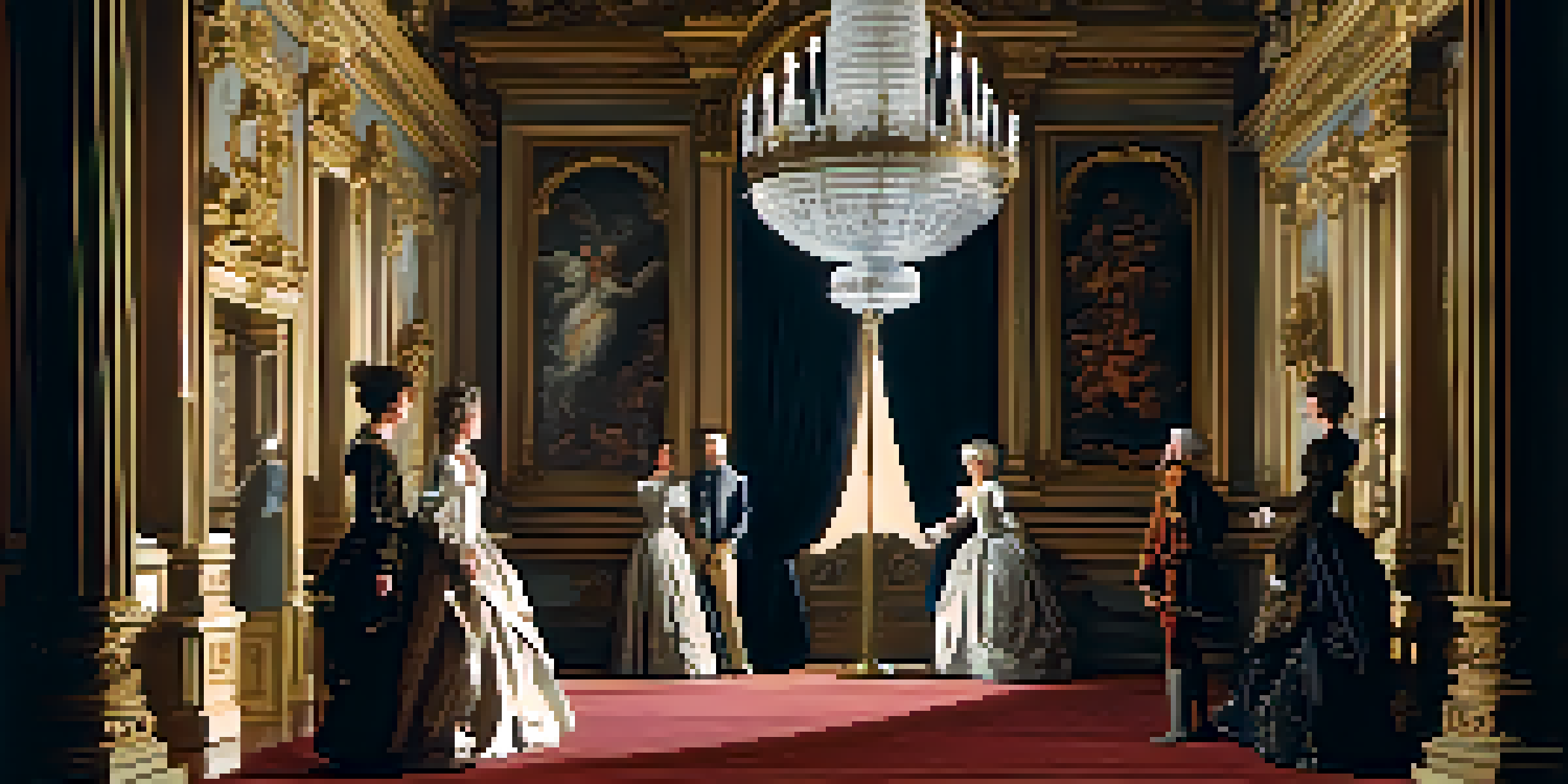 A group of figures in a richly decorated room, dramatically lit to emphasize their emotional expressions and surroundings.
