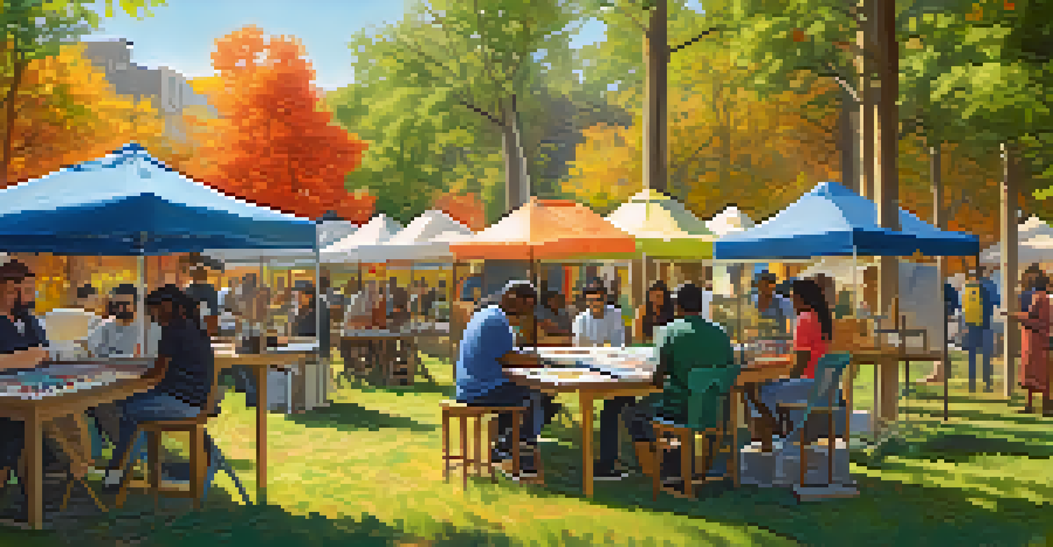 A community art workshop outdoors, with diverse individuals using AI tools to create art, surrounded by colorful pieces and greenery.