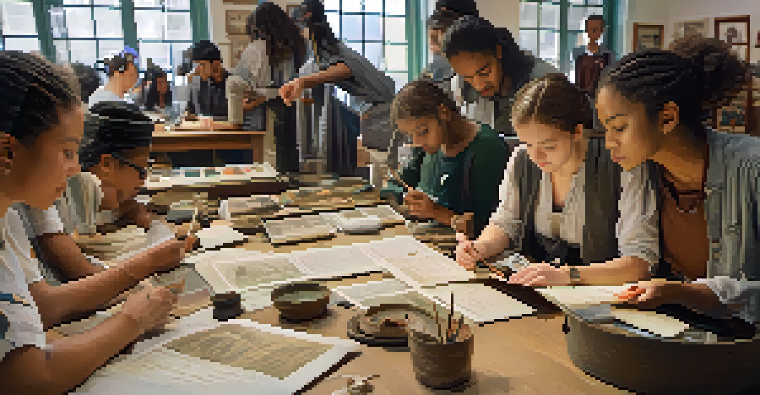 Students engaged in a conservation workshop, learning about historical artifacts in a bright room.