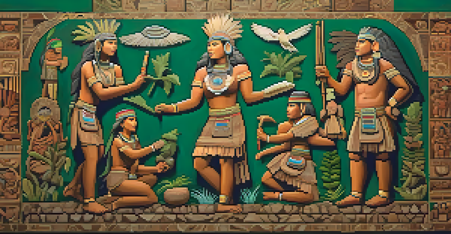 A mural featuring indigenous figures in traditional attire, surrounded by rich textures and colors, celebrating pre-Columbian mythology and cultural heritage.