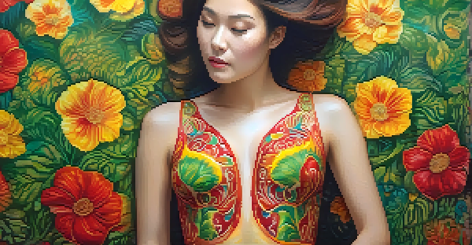 A close-up of a woman's painted body with bright floral patterns, showcasing intricate details and vibrant colors.