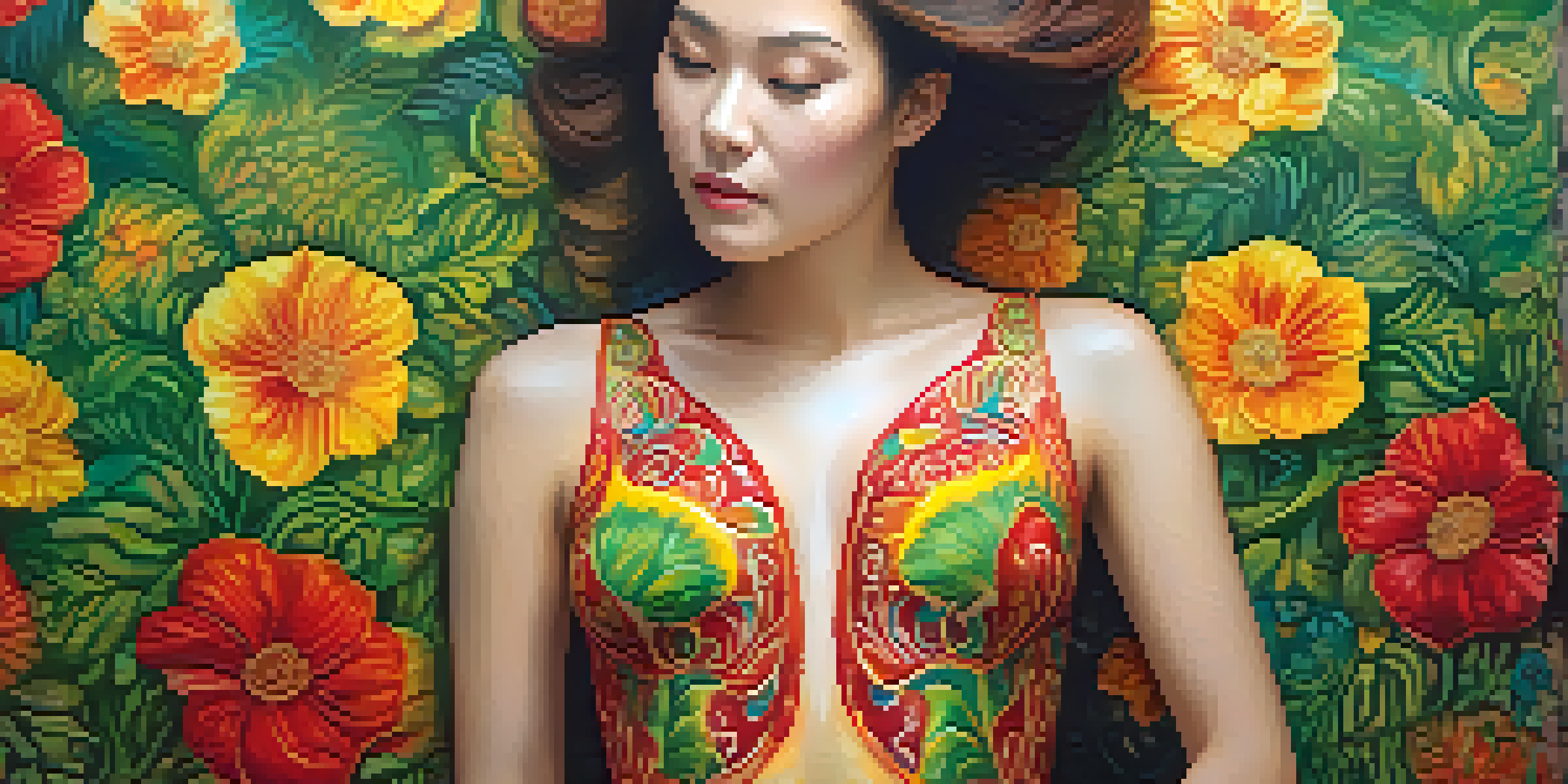 A close-up of a woman's painted body with bright floral patterns, showcasing intricate details and vibrant colors.