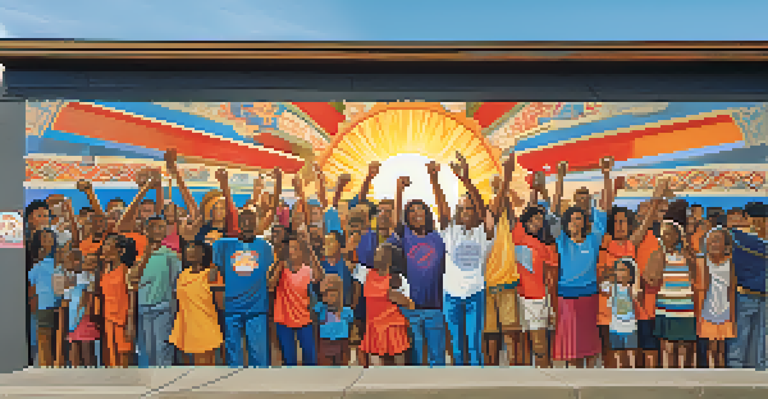 A mural representing social justice with raised fists and vibrant patterns, set against a sunset in an urban environment, with people admiring the artwork.