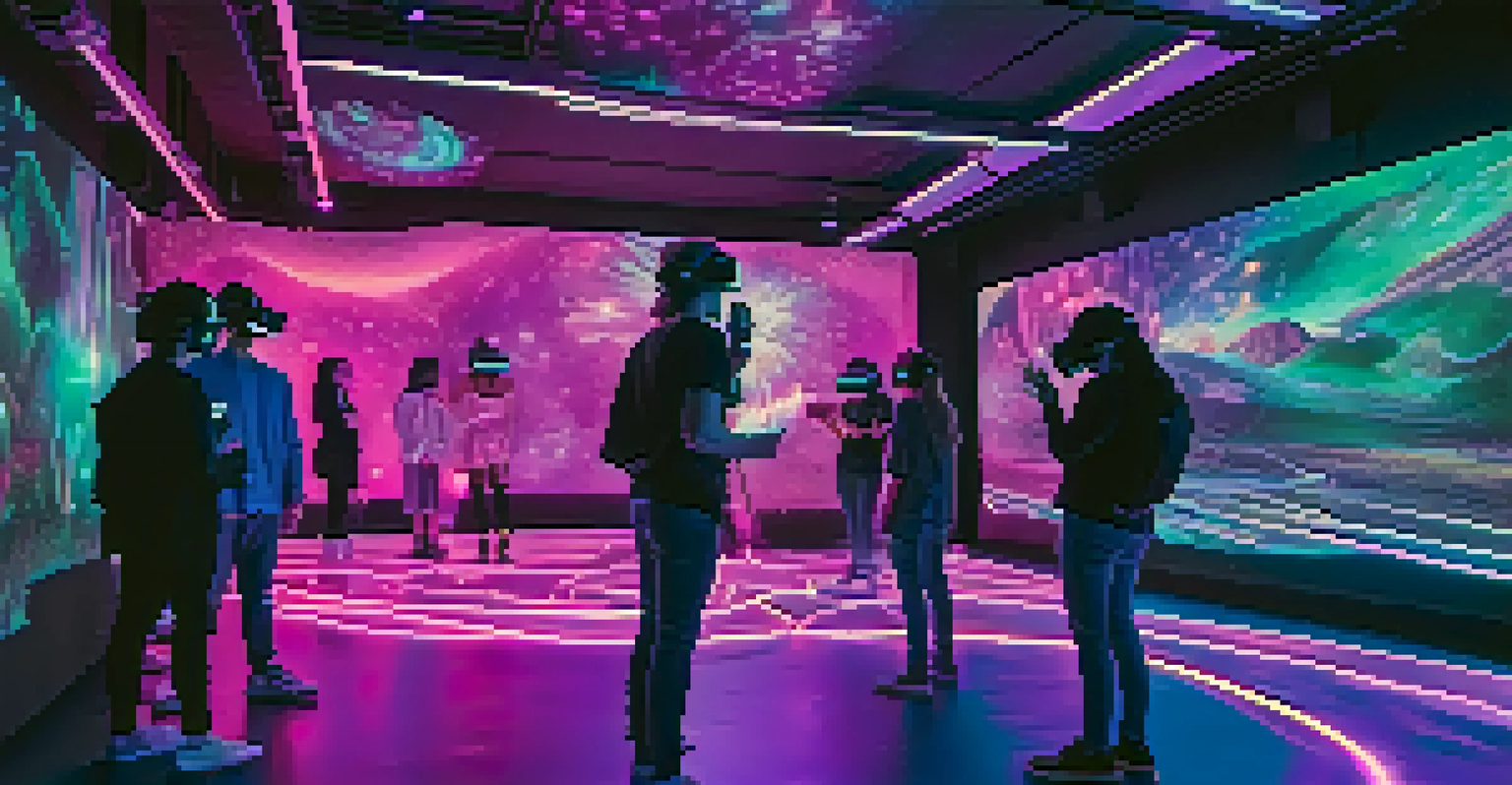 A futuristic room showcasing an immersive virtual reality art experience with holographic displays.