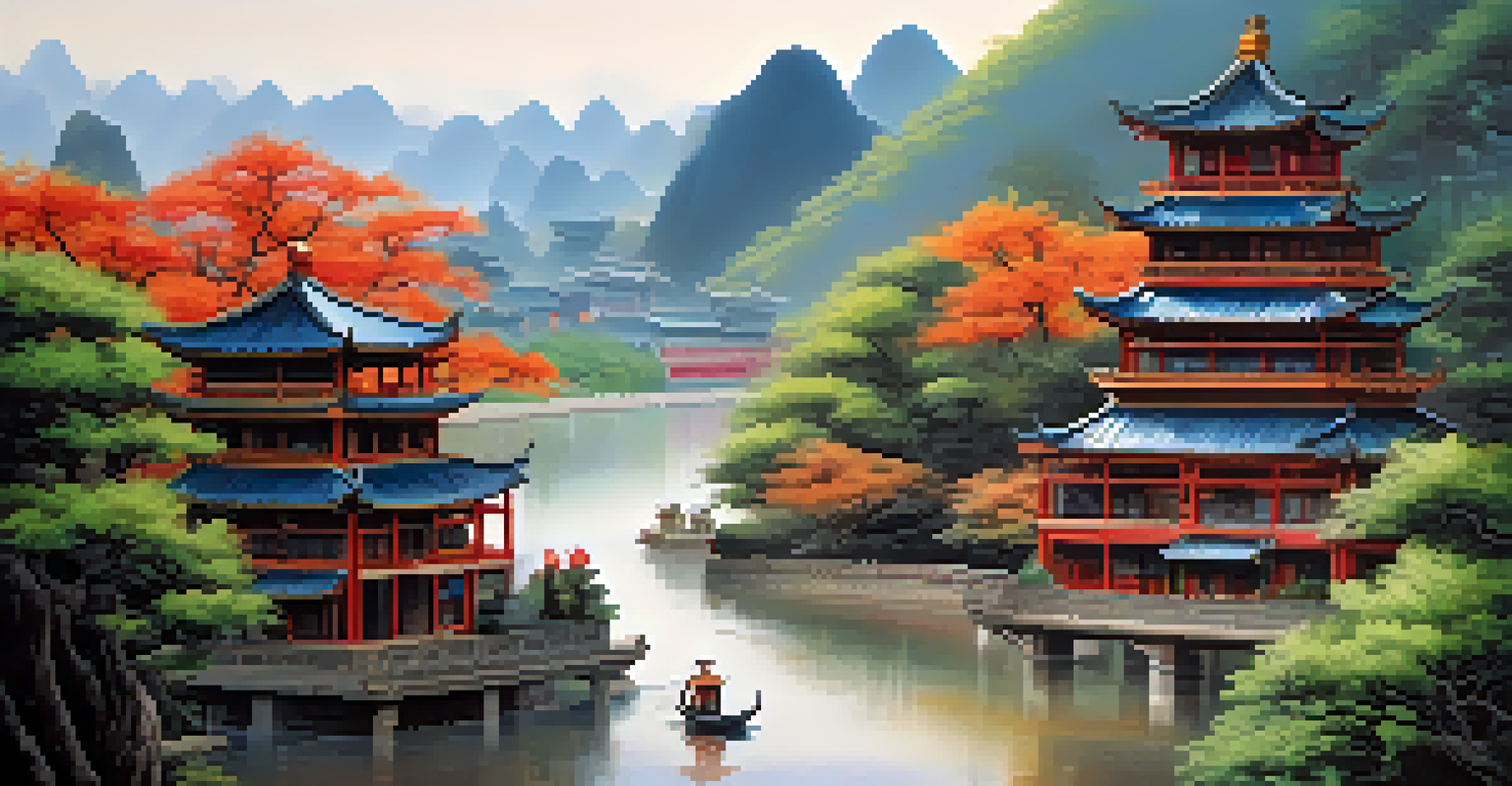 A modern landscape painting showing a city skyline next to serene nature, highlighting the contrast between urban life and the environment.