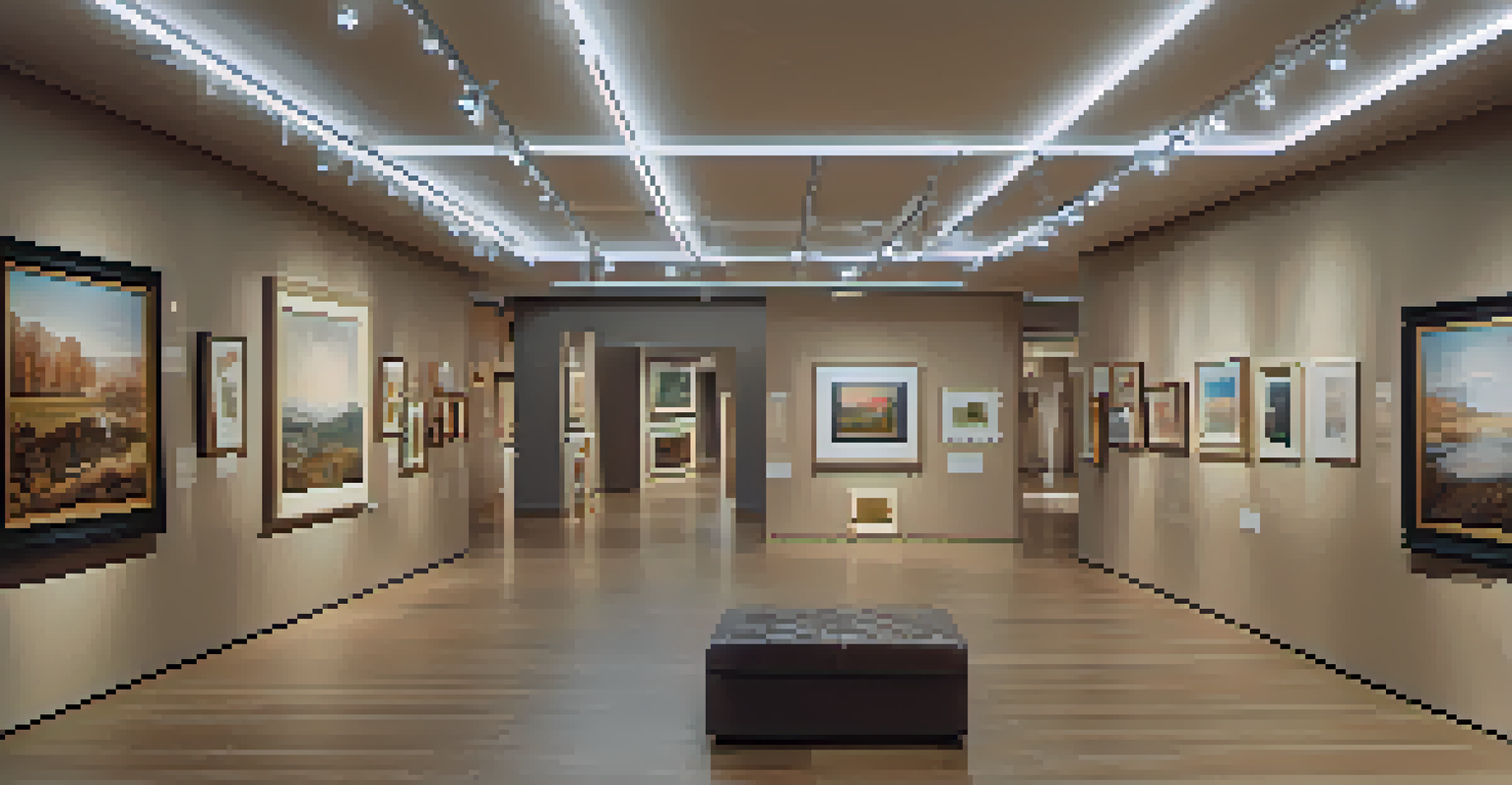 A diverse collection of artworks in an inviting exhibition space, with warm lighting and informative labels enhancing the viewing experience.