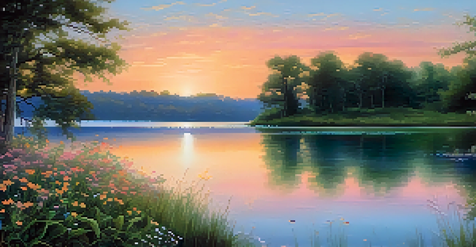 A calm lake at sunset with soft blue and green water reflecting the sky's orange and pink hues, surrounded by wildflowers.