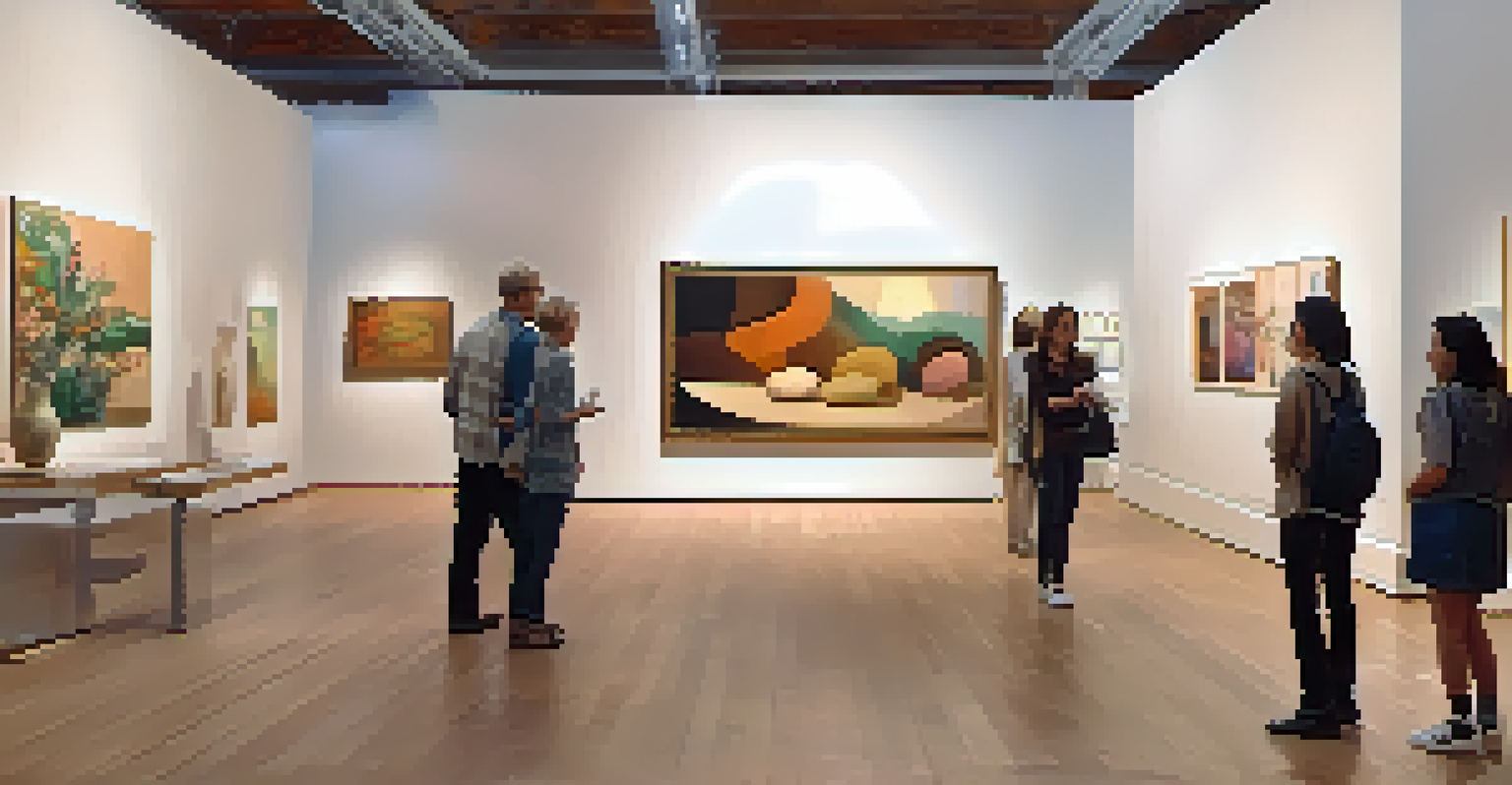 An art exhibition space with diverse artworks and visitors admiring the pieces.