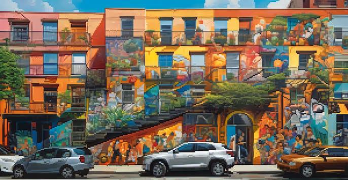 A colorful street mural showcasing diverse faces and cultures in an urban setting, illuminated by warm sunlight.
