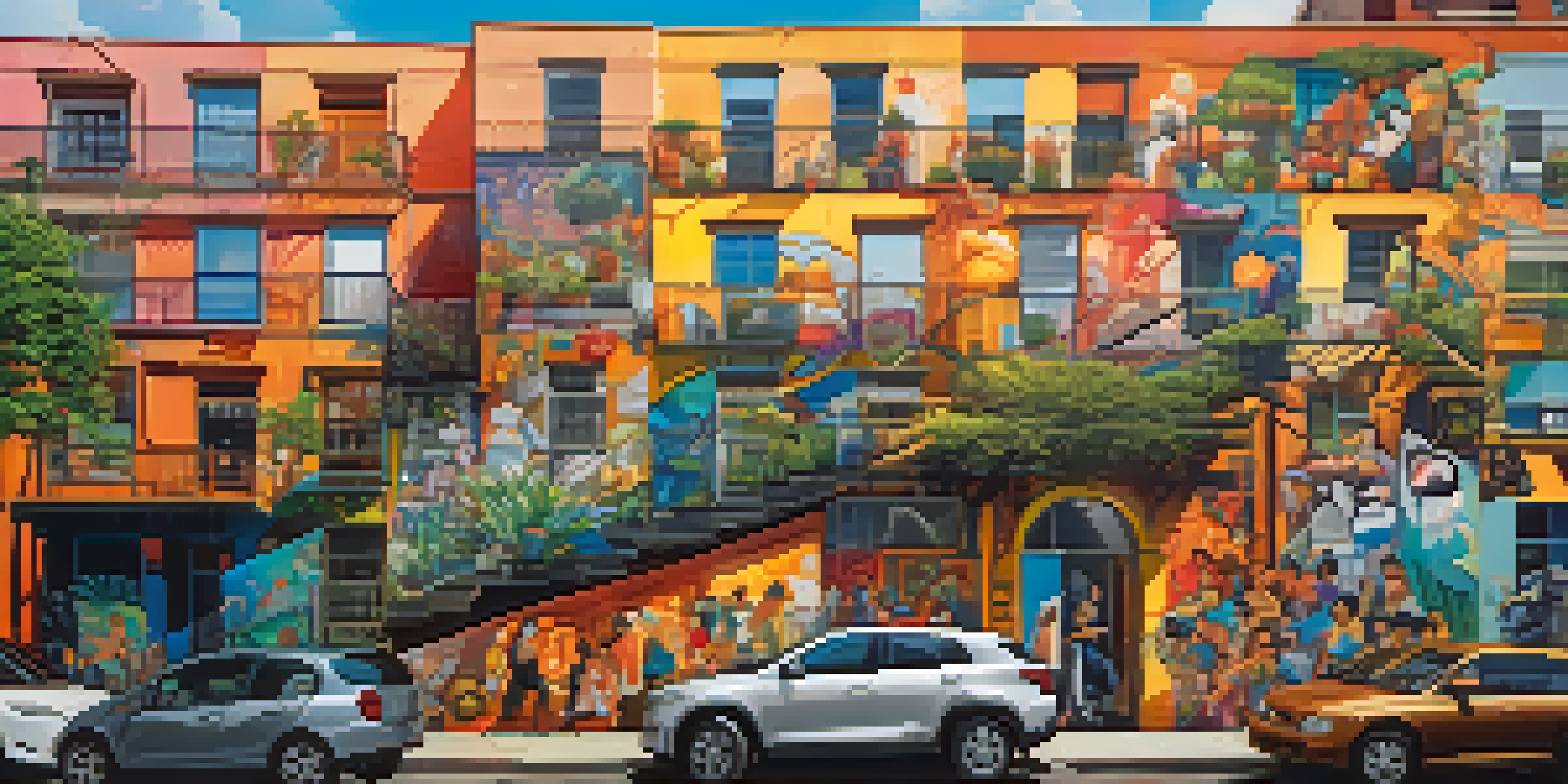 A colorful street mural showcasing diverse faces and cultures in an urban setting, illuminated by warm sunlight.