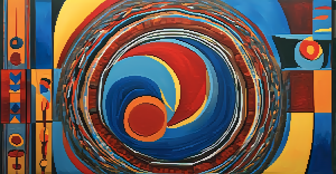 A colorful modern painting with Indigenous symbols and animal motifs against a textured background, illuminated with soft lighting.