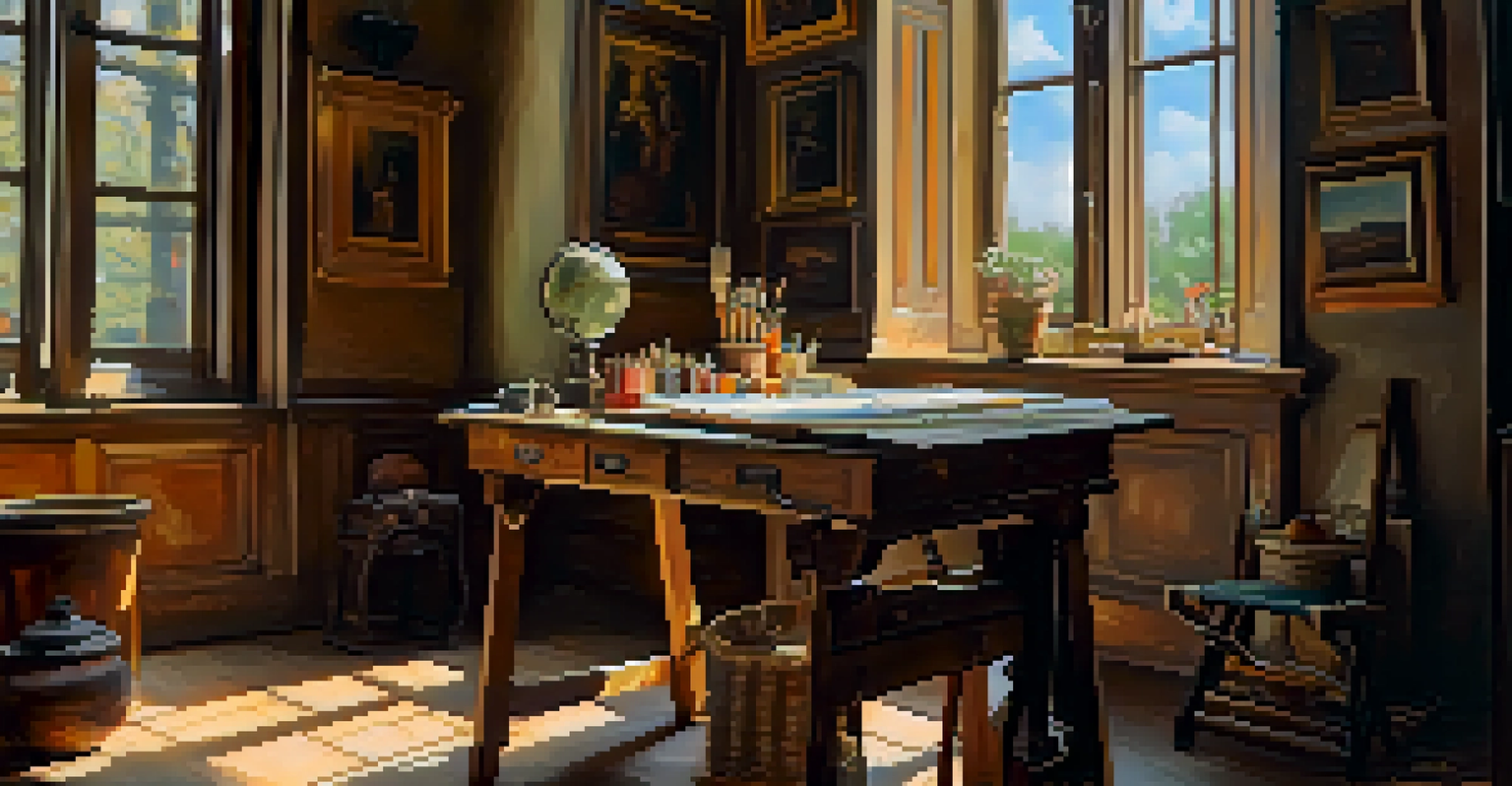 A close-up of a Renaissance artist's workspace with paints, brushes, and unfinished canvases in warm light.