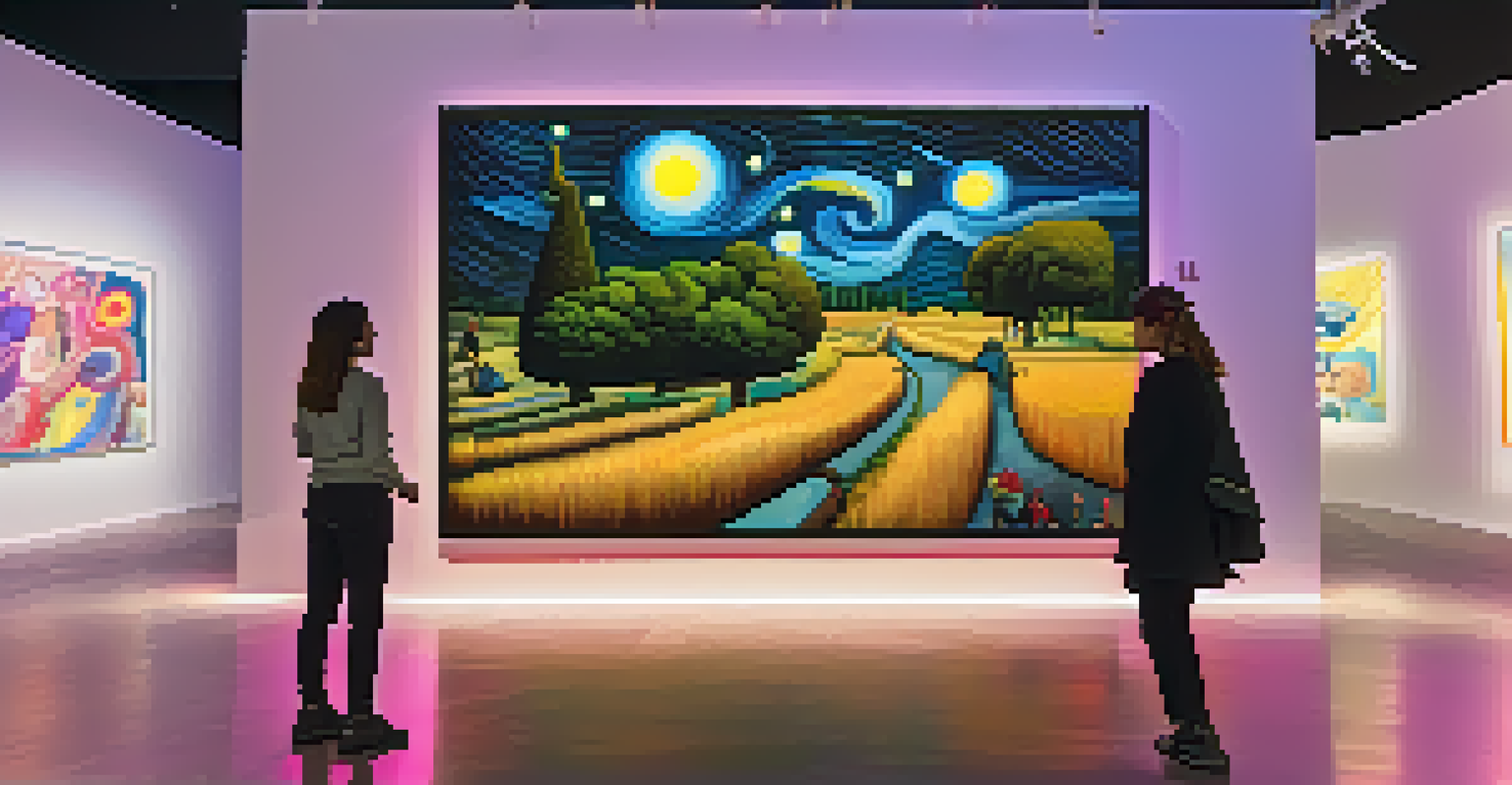 A modern museum installation with animated projections of famous paintings and visitors interacting with tablets.