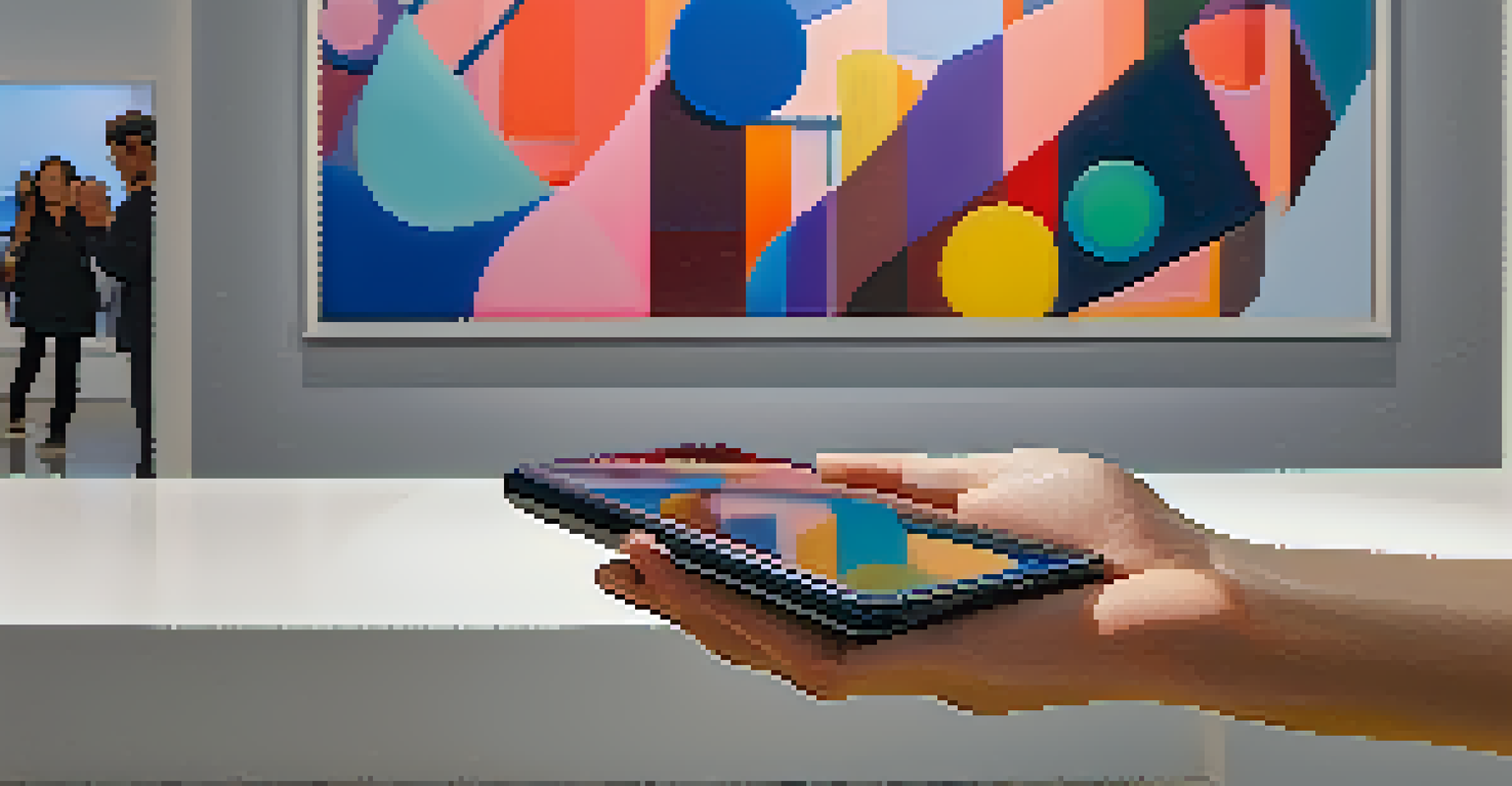 A hand holding a smartphone taking a photo of contemporary art in a gallery, with colorful installations in the background.