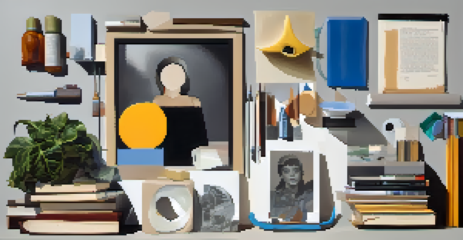 A conceptual portrait made of everyday objects like books and plants, creating a likeness of a person against a muted gray background.