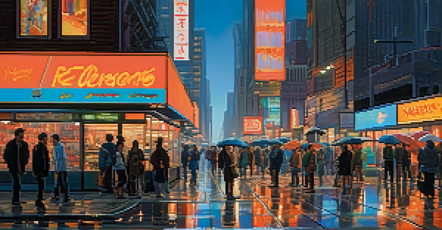 A vibrant city street at dusk, filled with neon signs and people, with a colorful sky above.