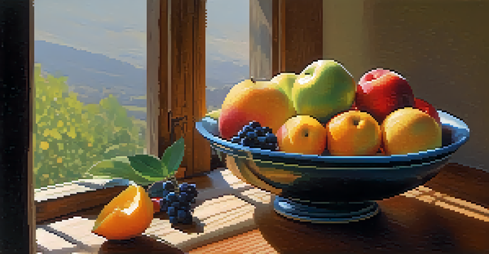A still life of colorful fruits in a bowl on a wooden table, illuminated by soft natural light.