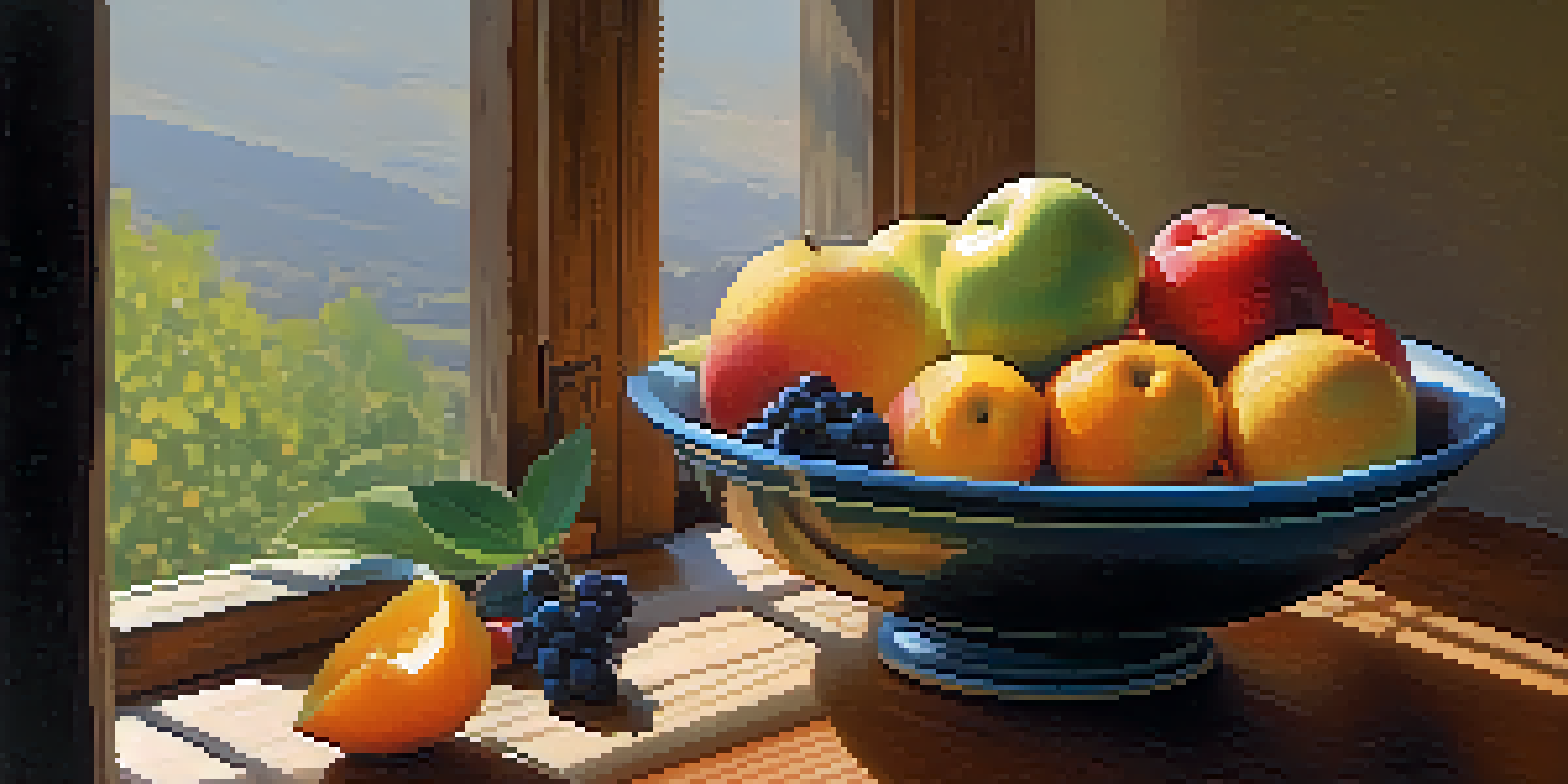 A still life of colorful fruits in a bowl on a wooden table, illuminated by soft natural light.