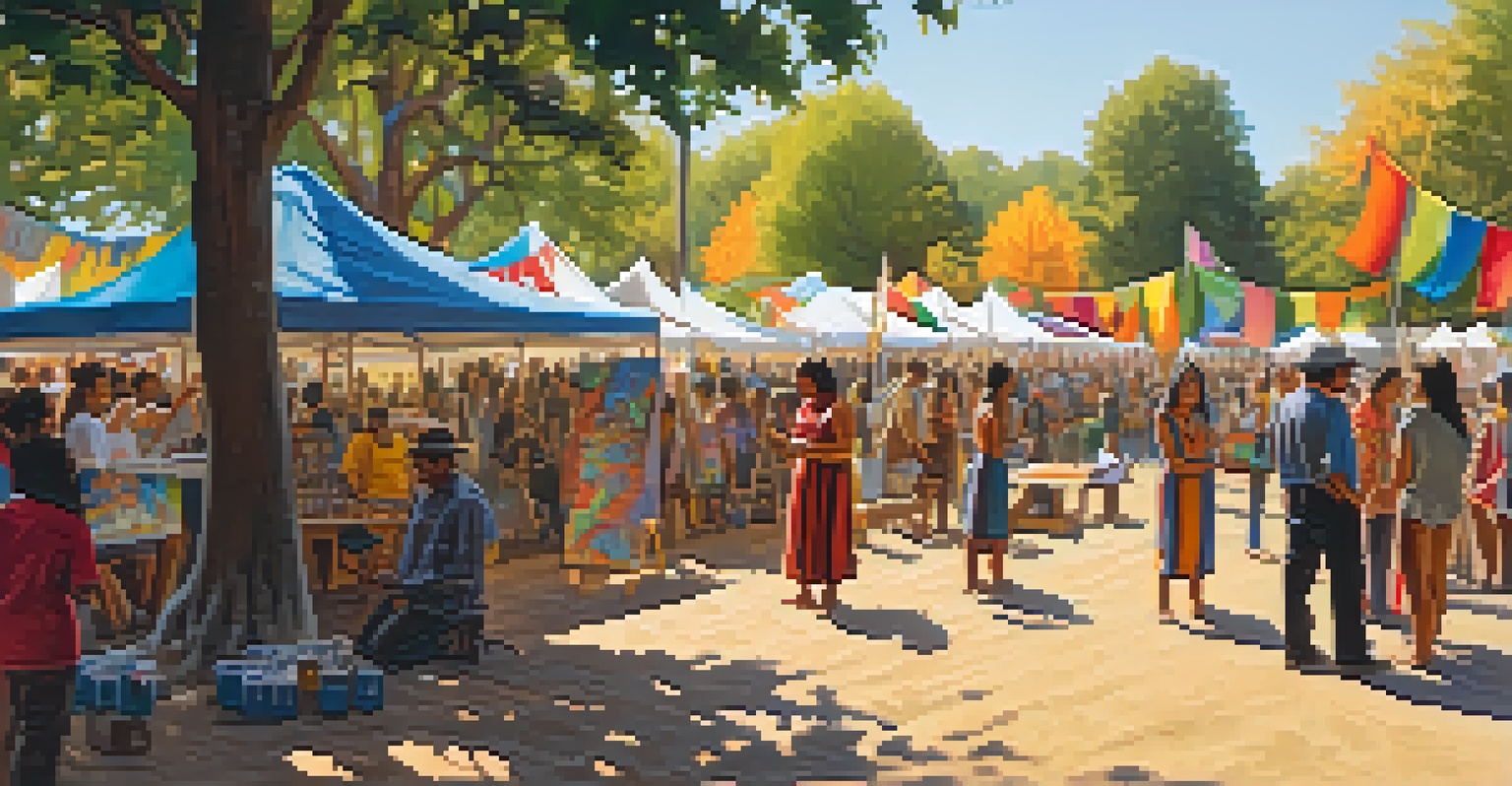 An outdoor community art festival where Indigenous artists are painting, surrounded by colorful banners and onlookers.