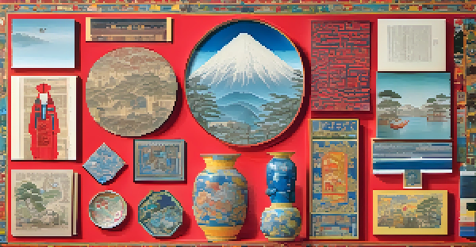 A colorful collage representing the history of art, including ancient Chinese cutouts and modern digital elements, with rich textures and warm colors.