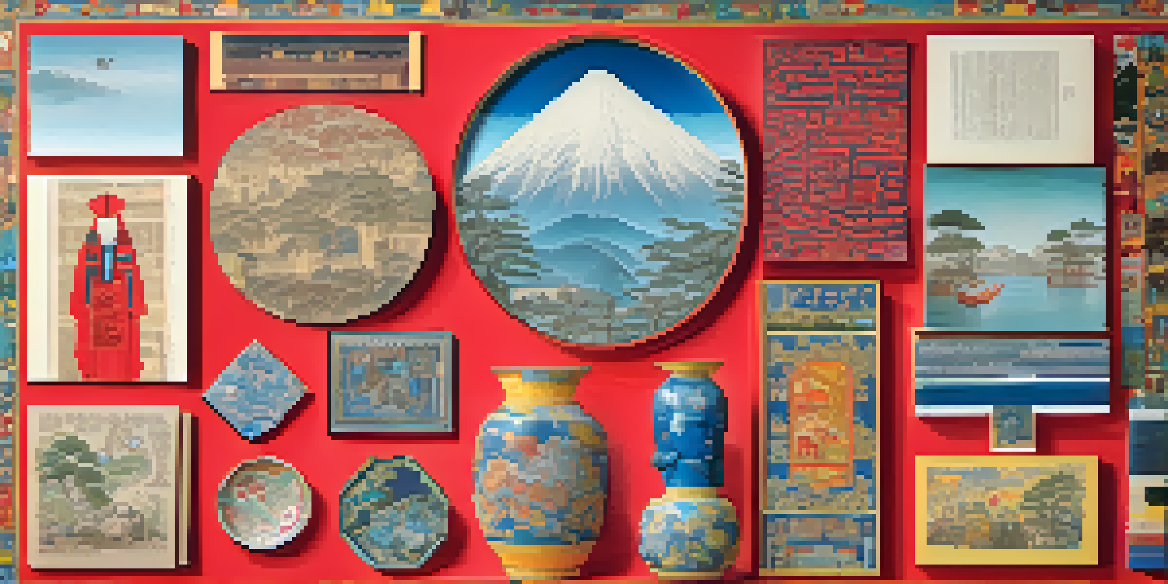 A colorful collage representing the history of art, including ancient Chinese cutouts and modern digital elements, with rich textures and warm colors.