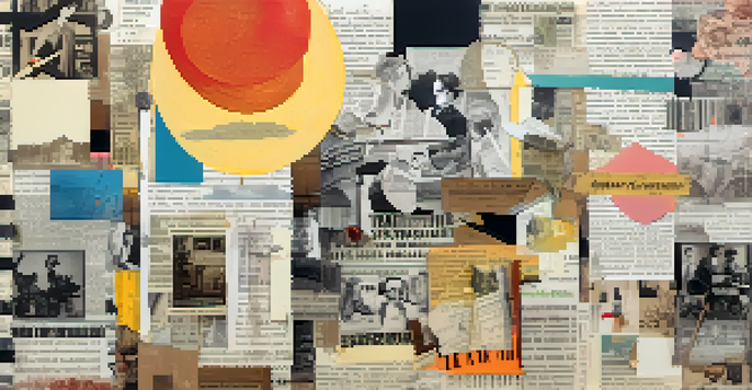 A collage inspired by Dadaism, showcasing vintage newspaper clippings and surreal imagery with a chaotic arrangement of colors and textures.