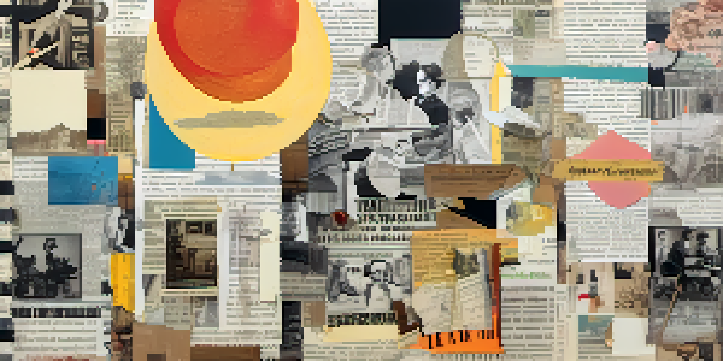 A collage inspired by Dadaism, showcasing vintage newspaper clippings and surreal imagery with a chaotic arrangement of colors and textures.