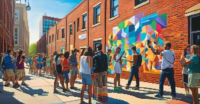 A group of artists painting a colorful mural on a brick wall in an urban setting, with onlookers taking photos.